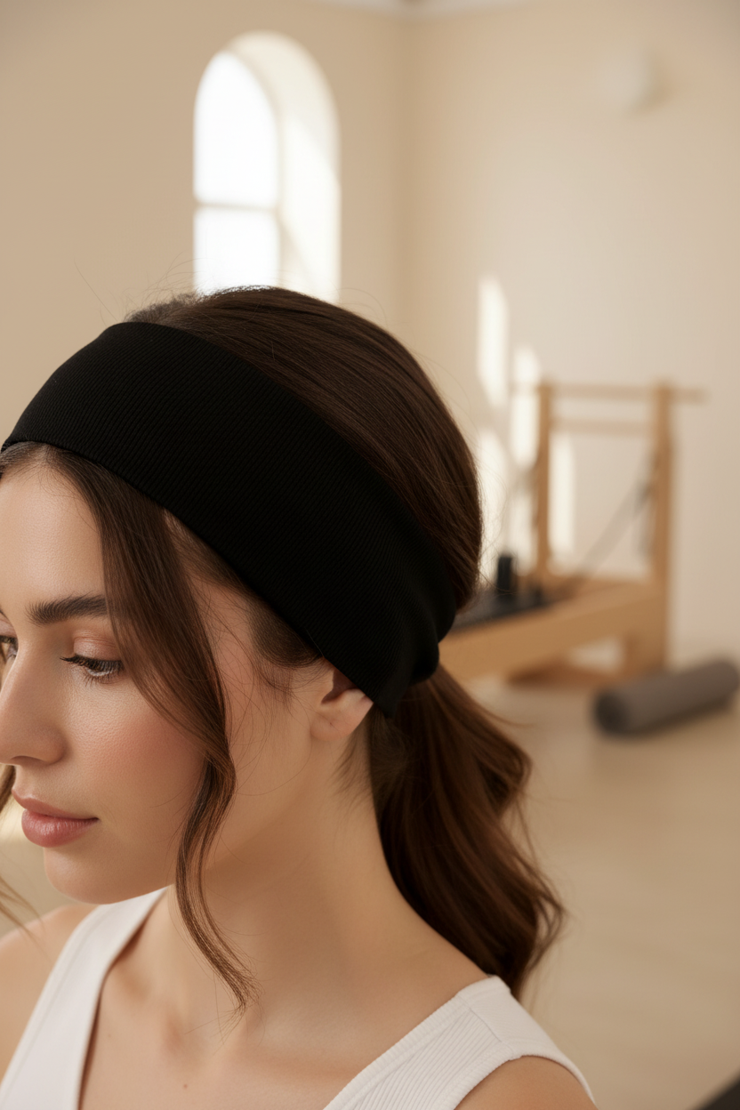 Pilabelle black ribbed headband on model